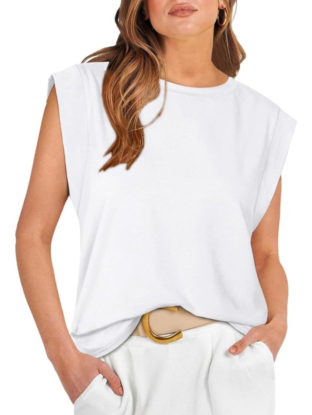 Women's White Pull On Cap Sleeve Tank Tops Sleeve Striped Business Basic Shirts